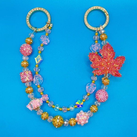 🍁Luxury Bag/Phone Chain Charm/Keychain Pink Rhinestone MAPLE LEAF Bling Beads